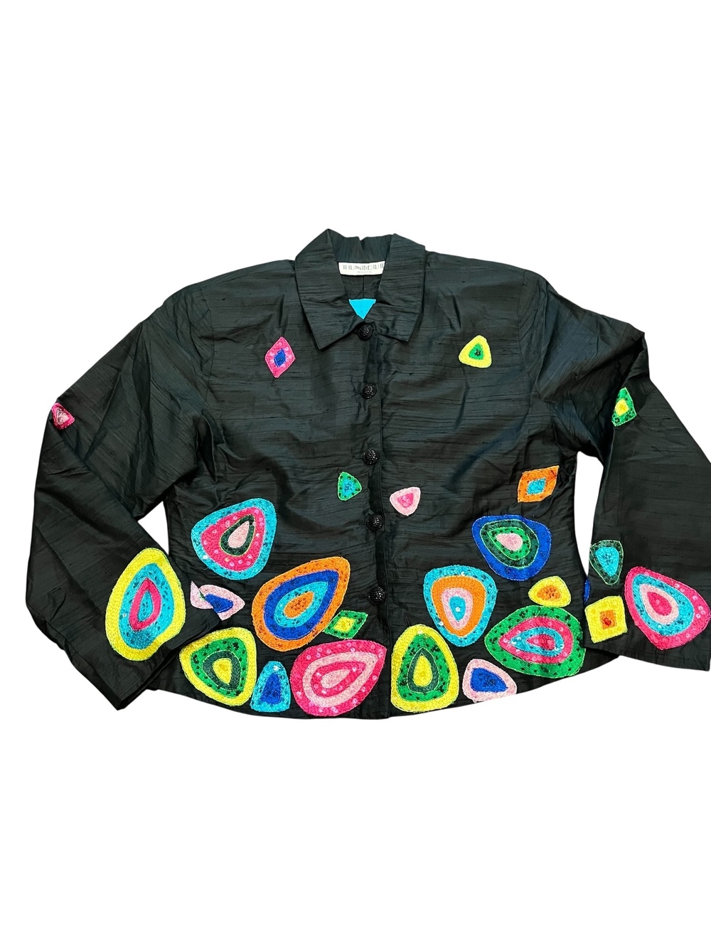 Tunique Nights black embroidered abstract vintage jacket